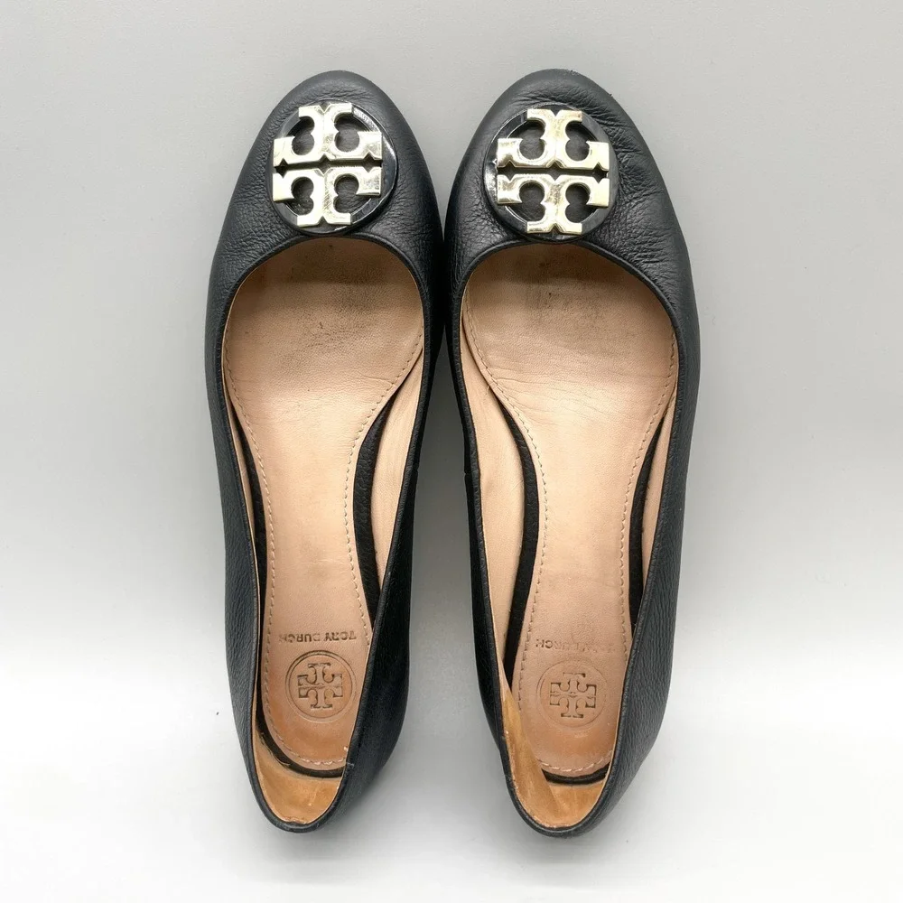Tory Burch Womens 7 Claire Ballet Flats Black Leather Gold Logo Preppy Office